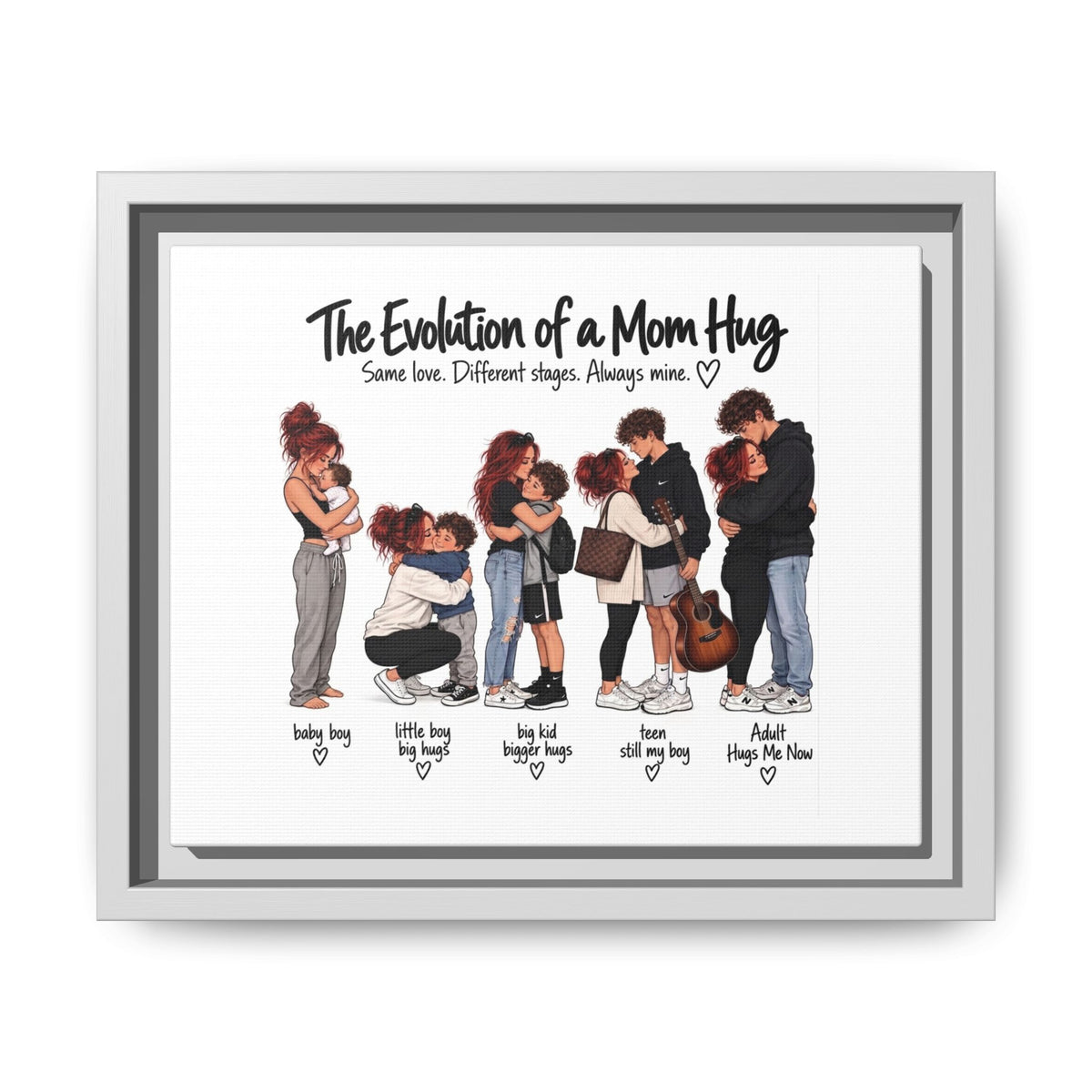 Framed Canvas Wall Art - "The Evolution of a Mom Hug Boy" Family Illustration