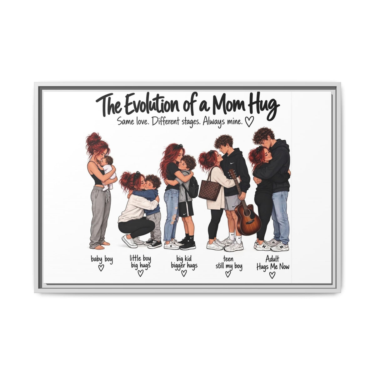 Framed Canvas Wall Art - "The Evolution of a Mom Hug Boy" Family Illustration