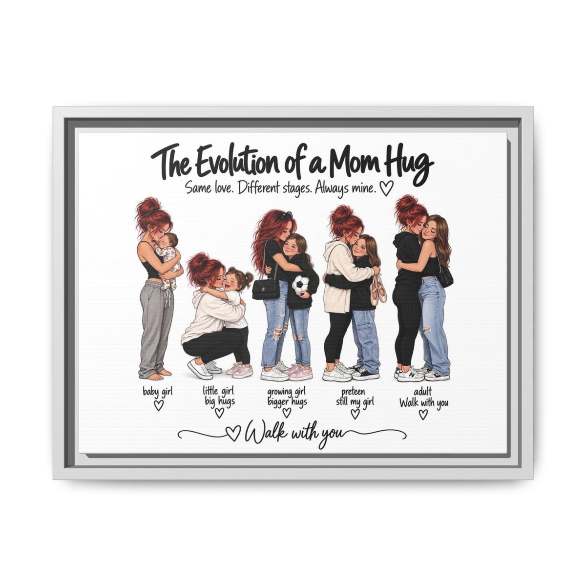 Framed Matte Canvas - "The Evolution of a Mom Hug Girl" Illustration (Mother & Daughter Stages)