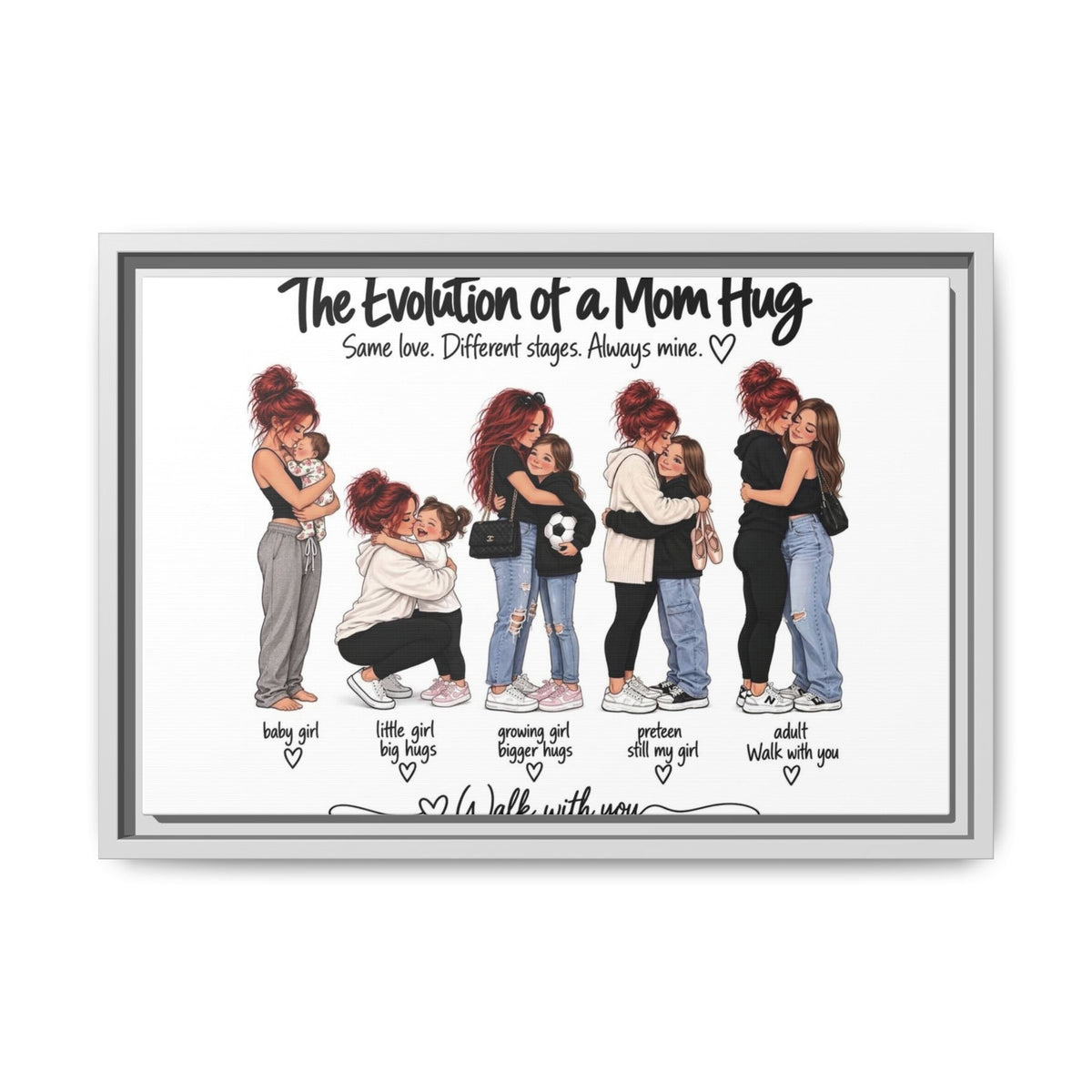 Framed Matte Canvas - "The Evolution of a Mom Hug Girl" Illustration (Mother & Daughter Stages)