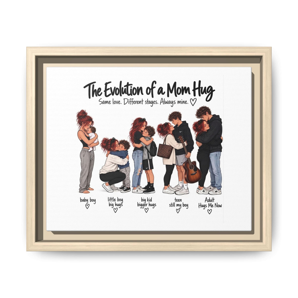 Framed Canvas Wall Art - "The Evolution of a Mom Hug Boy" Family Illustration