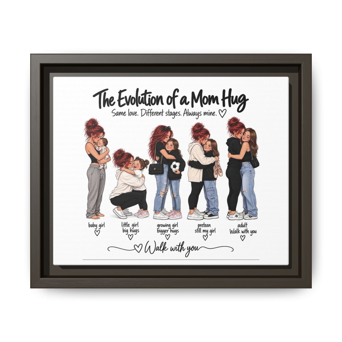 Framed Matte Canvas - "The Evolution of a Mom Hug Girl" Illustration (Mother & Daughter Stages)