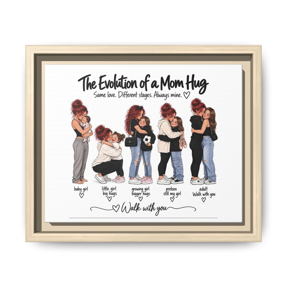 Framed Matte Canvas - "The Evolution of a Mom Hug Girl" Illustration (Mother & Daughter Stages)