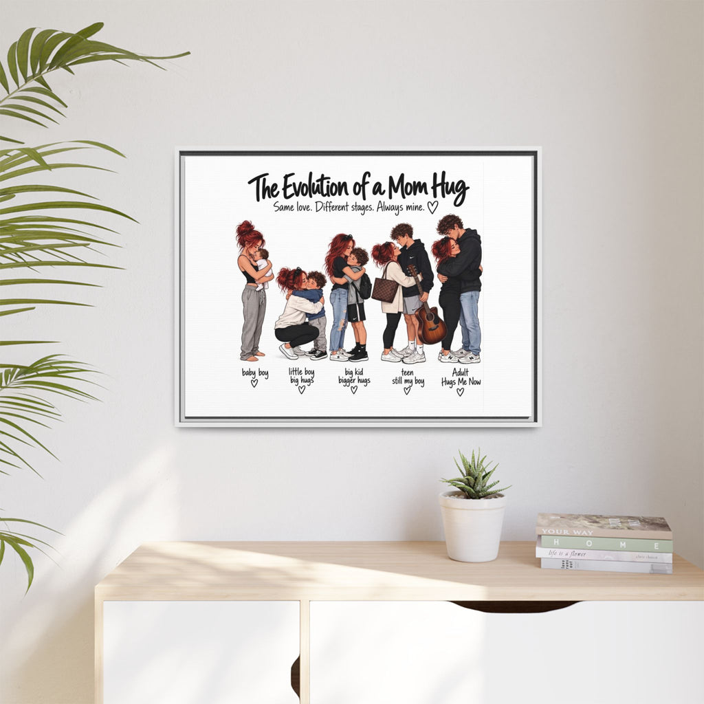 Framed Canvas Wall Art - "The Evolution of a Mom Hug Boy" Family Illustration