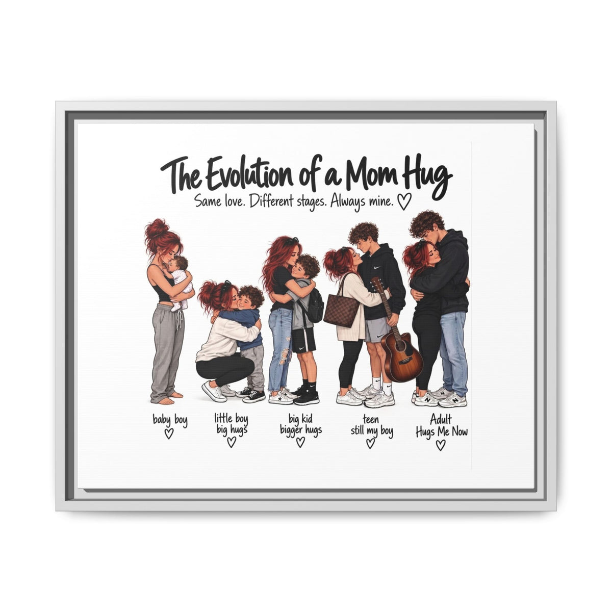 Framed Canvas Wall Art - "The Evolution of a Mom Hug Boy" Family Illustration