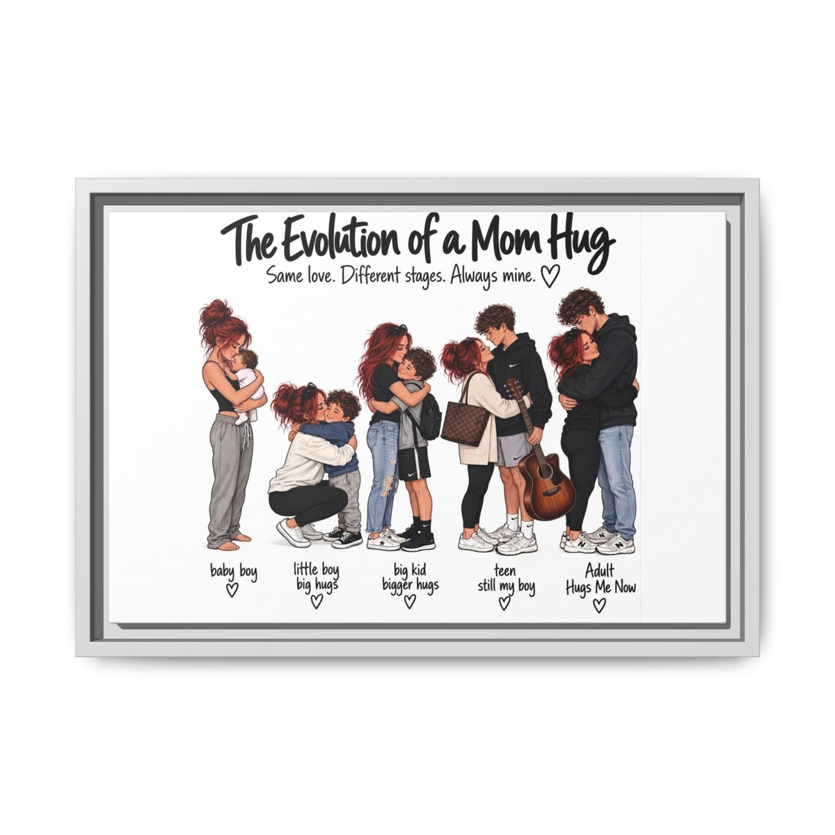 Framed Canvas Wall Art - "The Evolution of a Mom Hug Boy" Family Illustration