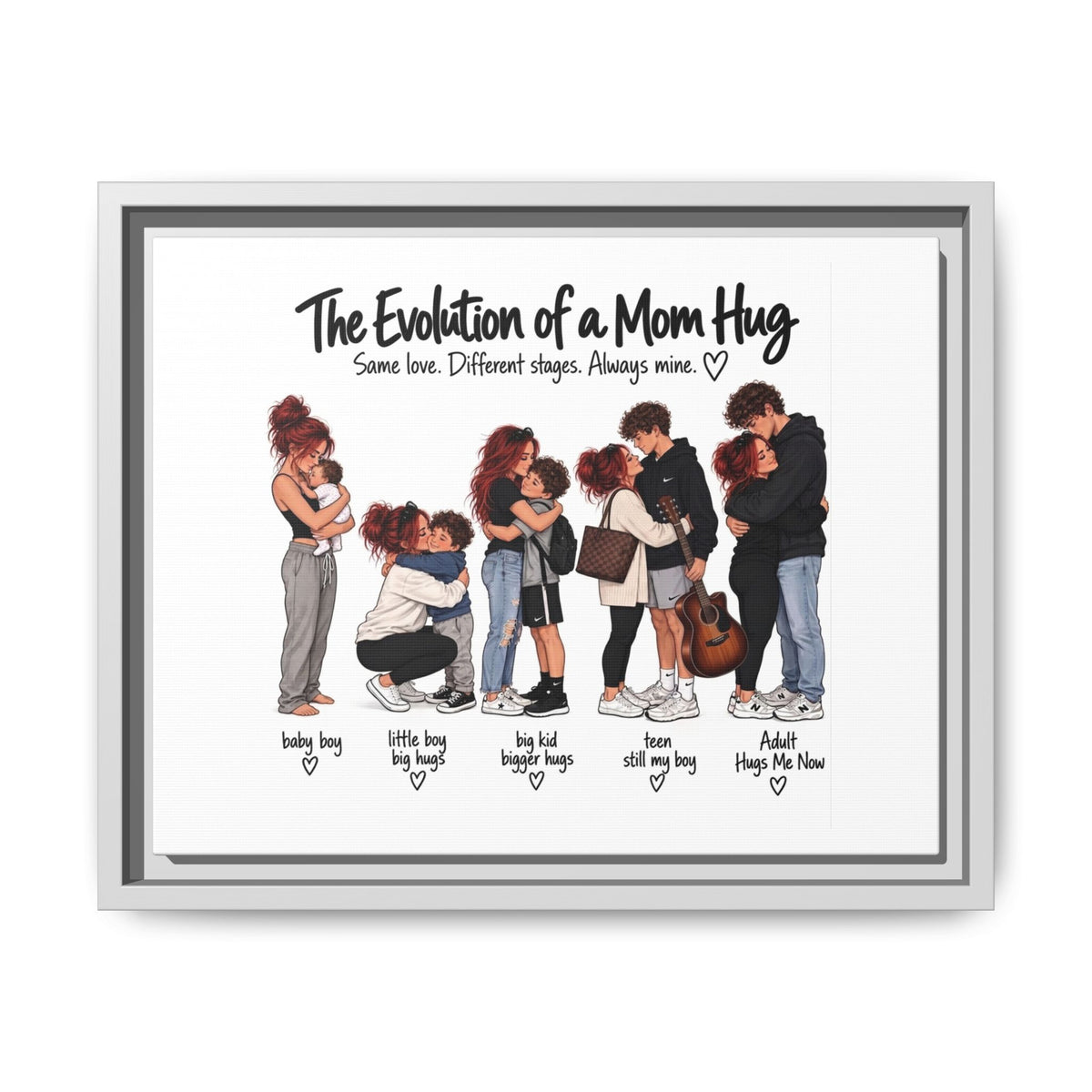 Framed Canvas Wall Art - "The Evolution of a Mom Hug Boy" Family Illustration