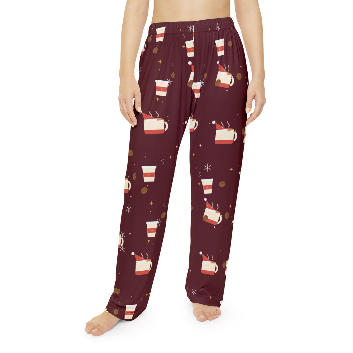 Santa Runs on Coffee Women's Christmas Pajama Pants - Burgundy — Funny Coffee Lover Lounge Pants, Holiday PJ Bottoms for Her