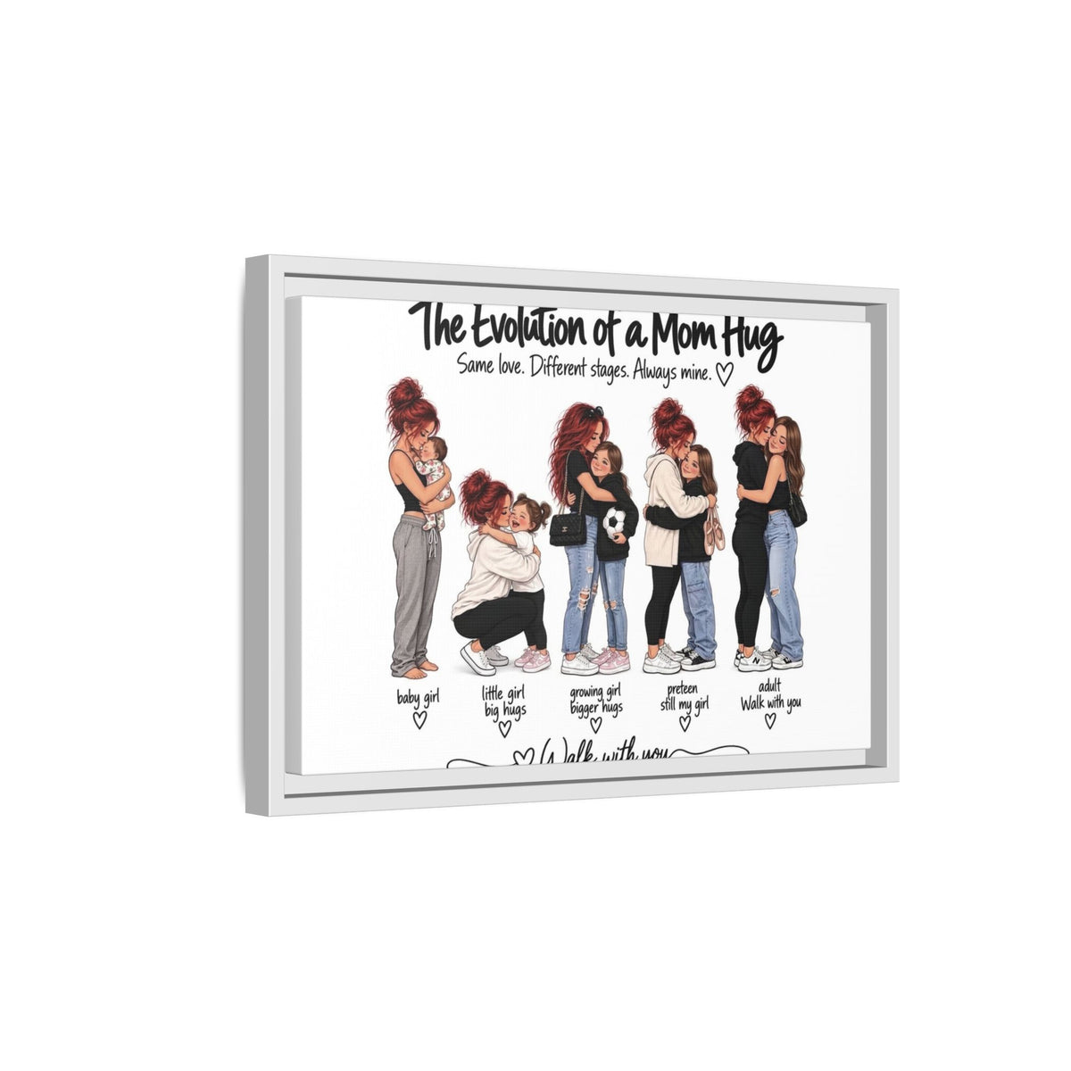 Framed Matte Canvas - "The Evolution of a Mom Hug Girl" Illustration (Mother & Daughter Stages)