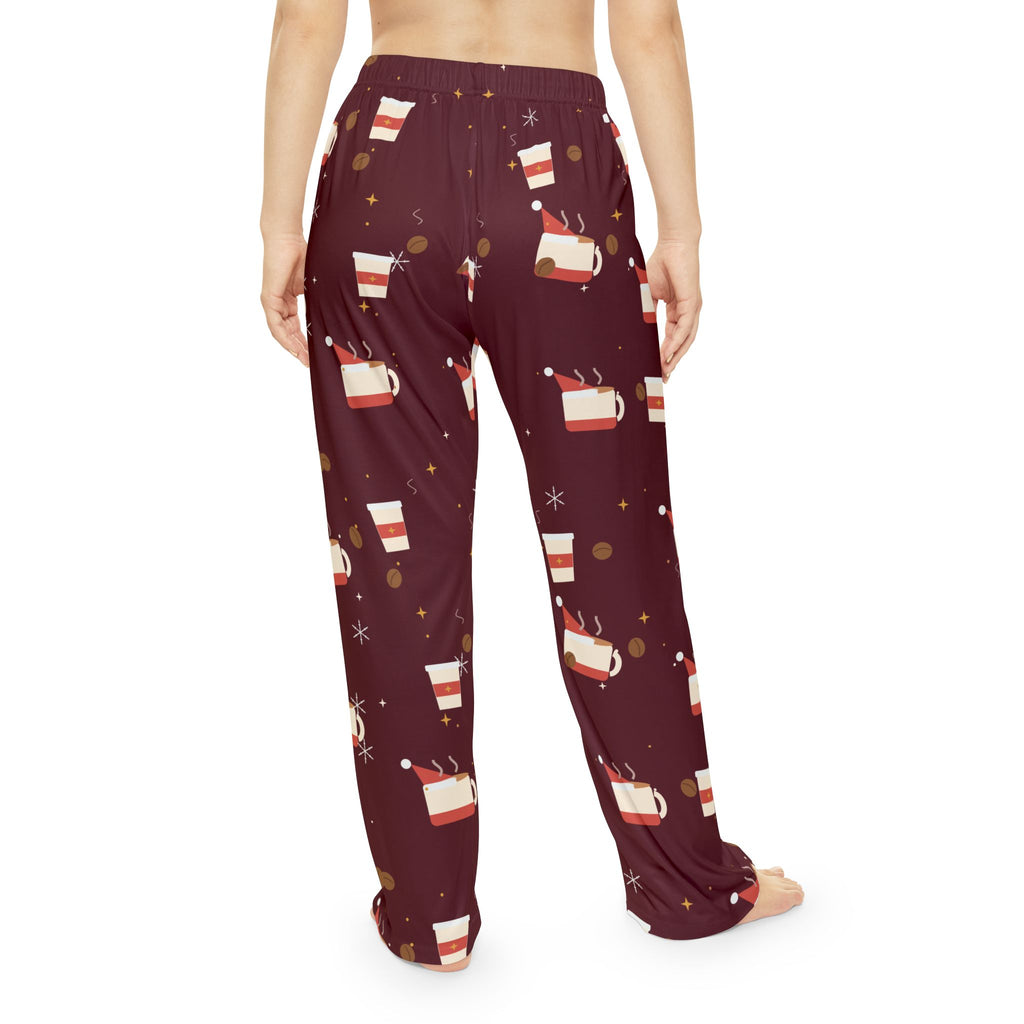 Santa Runs on Coffee Women's Christmas Pajama Pants - Burgundy — Funny Coffee Lover Lounge Pants, Holiday PJ Bottoms for Her
