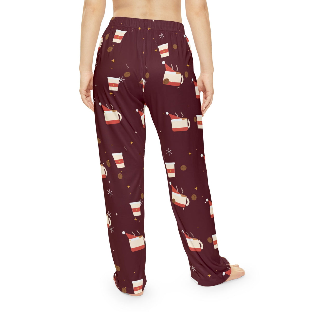 Santa Runs on Coffee Women's Christmas Pajama Pants - Burgundy — Funny Coffee Lover Lounge Pants, Holiday PJ Bottoms for Her