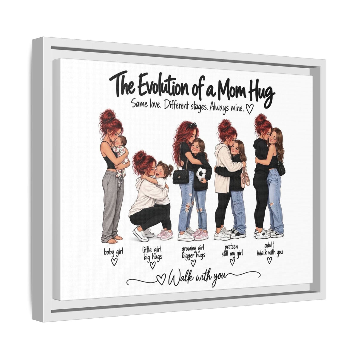 Framed Matte Canvas - "The Evolution of a Mom Hug Girl" Illustration (Mother & Daughter Stages)