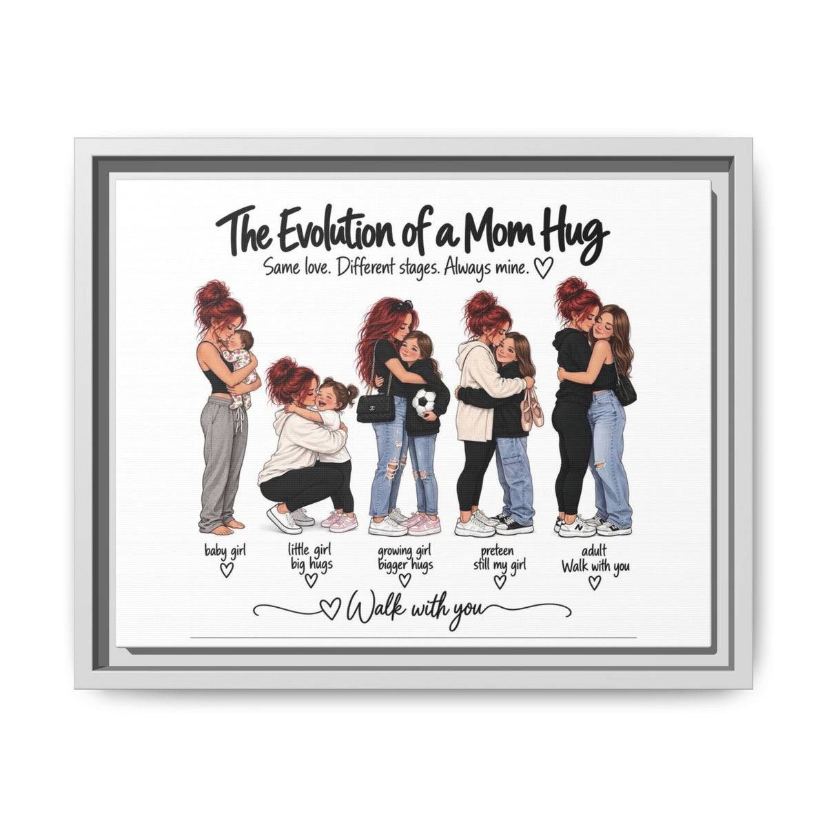 Framed Matte Canvas - "The Evolution of a Mom Hug Girl" Illustration (Mother & Daughter Stages)
