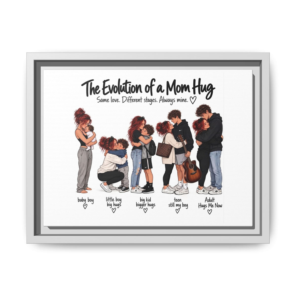 Framed Canvas Wall Art - "The Evolution of a Mom Hug Boy" Family Illustration