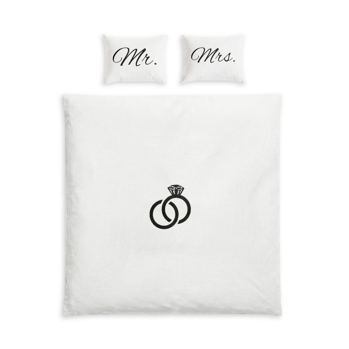 Mr. & Mrs. Cotton Bed Set — White Duvet Cover with Wedding Ring Design