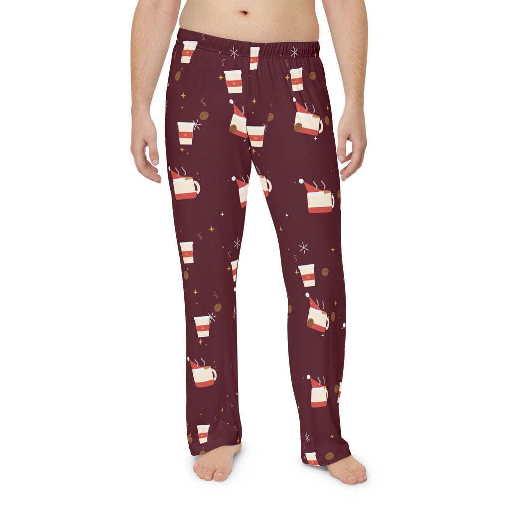 Santa Runs on Coffee Men's Christmas Pajama Pants - Burgundy — Funny Coffee Lover Lounge Pants, Holiday PJ Bottoms for Him