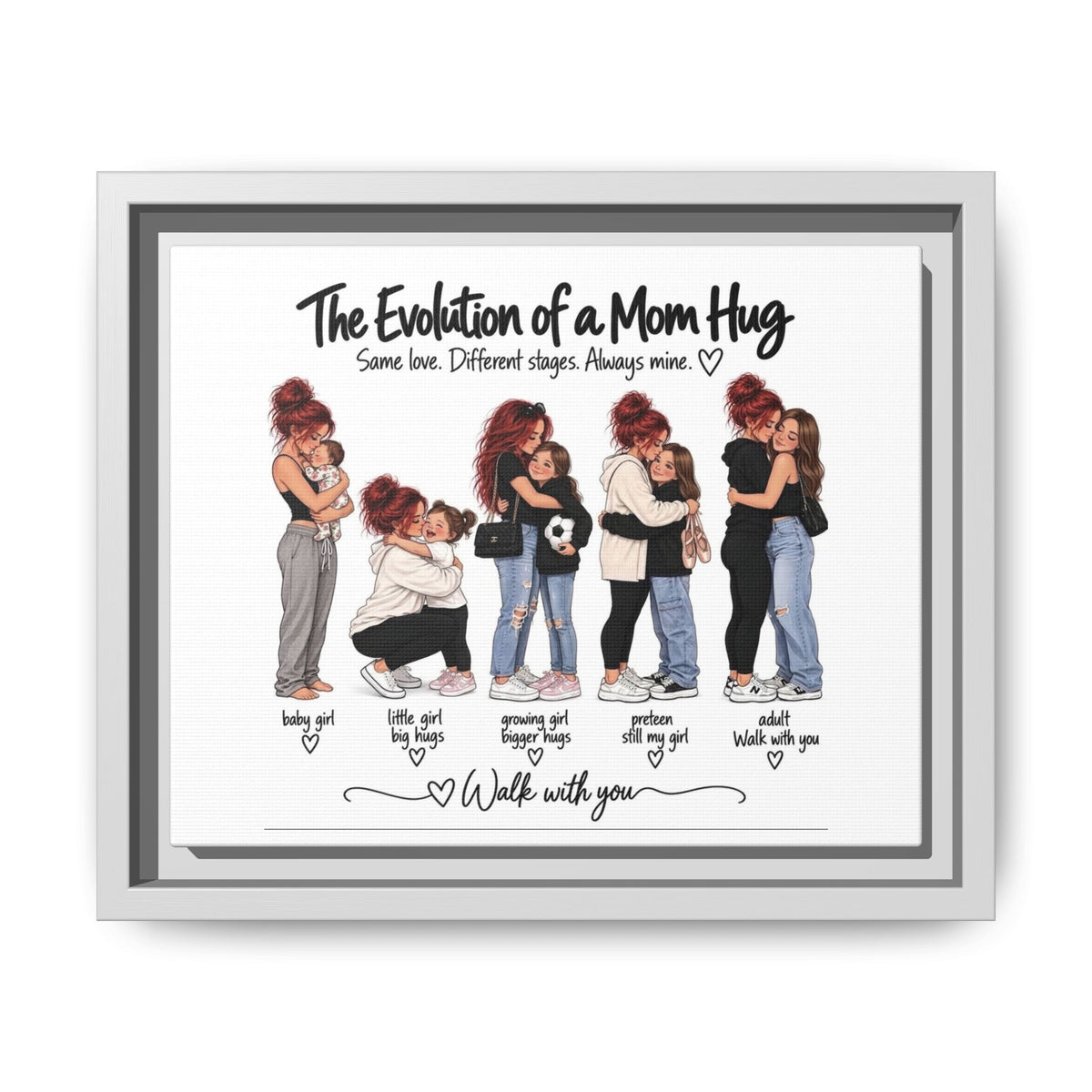 Framed Matte Canvas - "The Evolution of a Mom Hug Girl" Illustration (Mother & Daughter Stages)