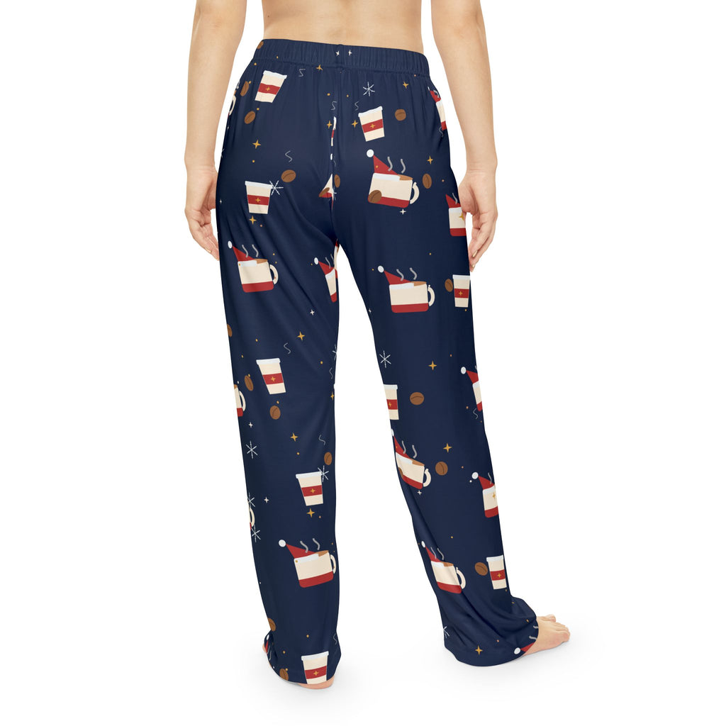 Santa Runs on Coffee Women's Christmas Pajama Pants - Navy — Funny Coffee Lover Lounge Pants, Holiday PJ Bottoms for Her