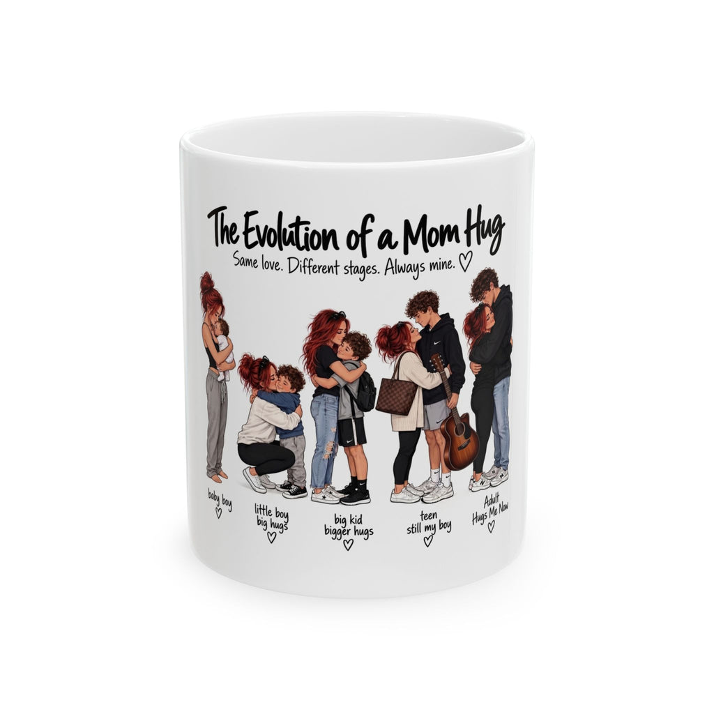 "The Evolution of a Mom Hug" Funny Ceramic Mug (Boy Design)