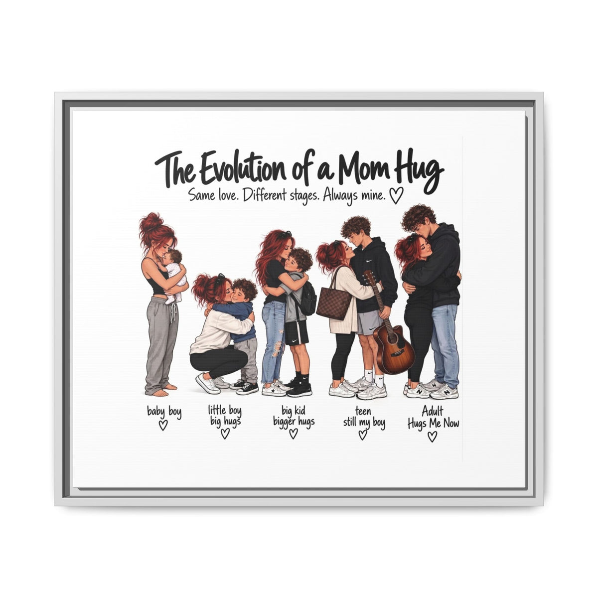 Framed Canvas Wall Art - "The Evolution of a Mom Hug Boy" Family Illustration