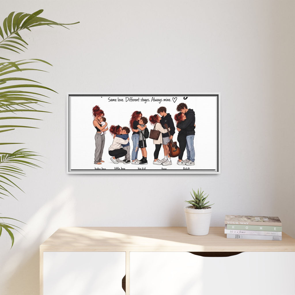 Framed Canvas Wall Art - "The Evolution of a Mom Hug Boy" Family Illustration