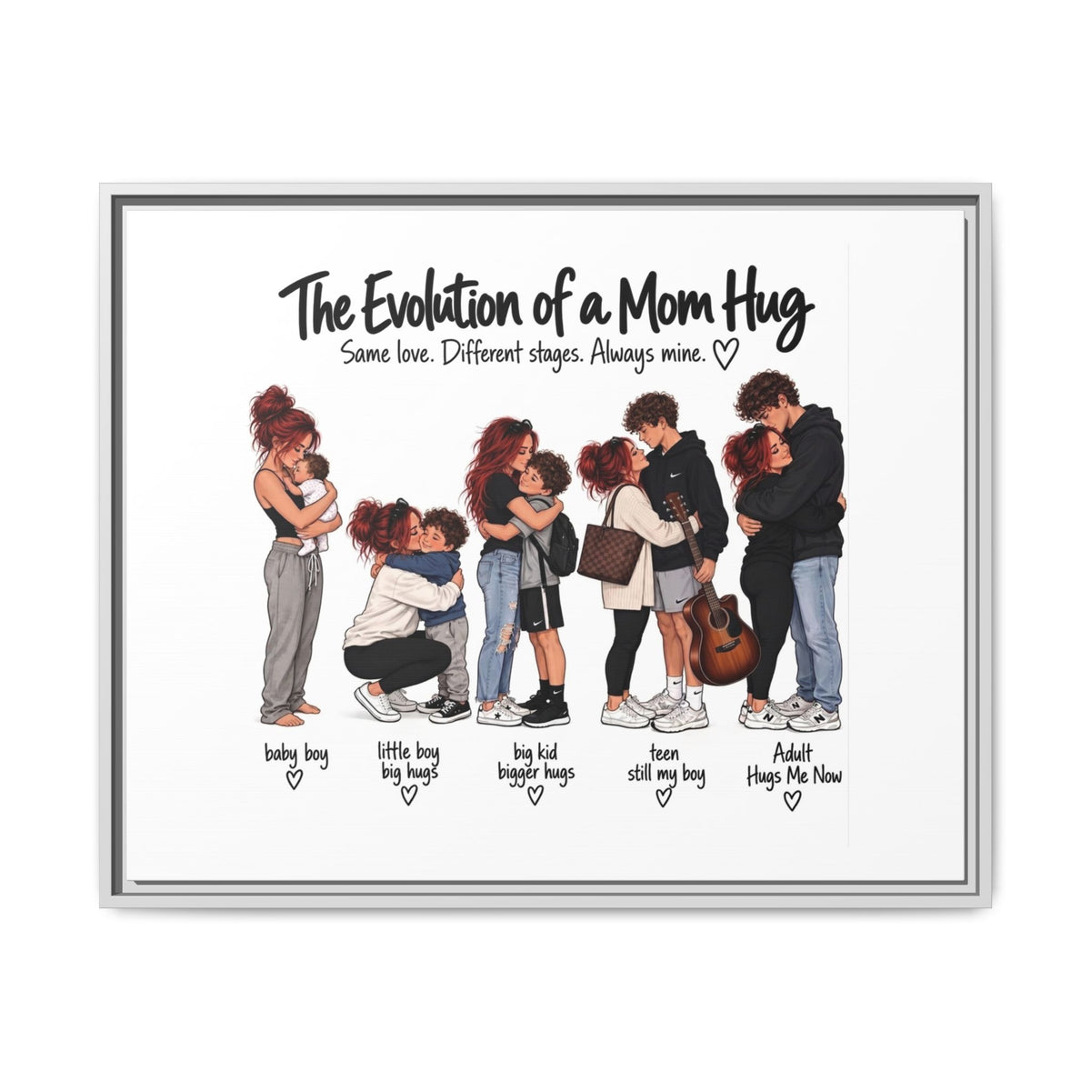 Framed Canvas Wall Art - "The Evolution of a Mom Hug Boy" Family Illustration
