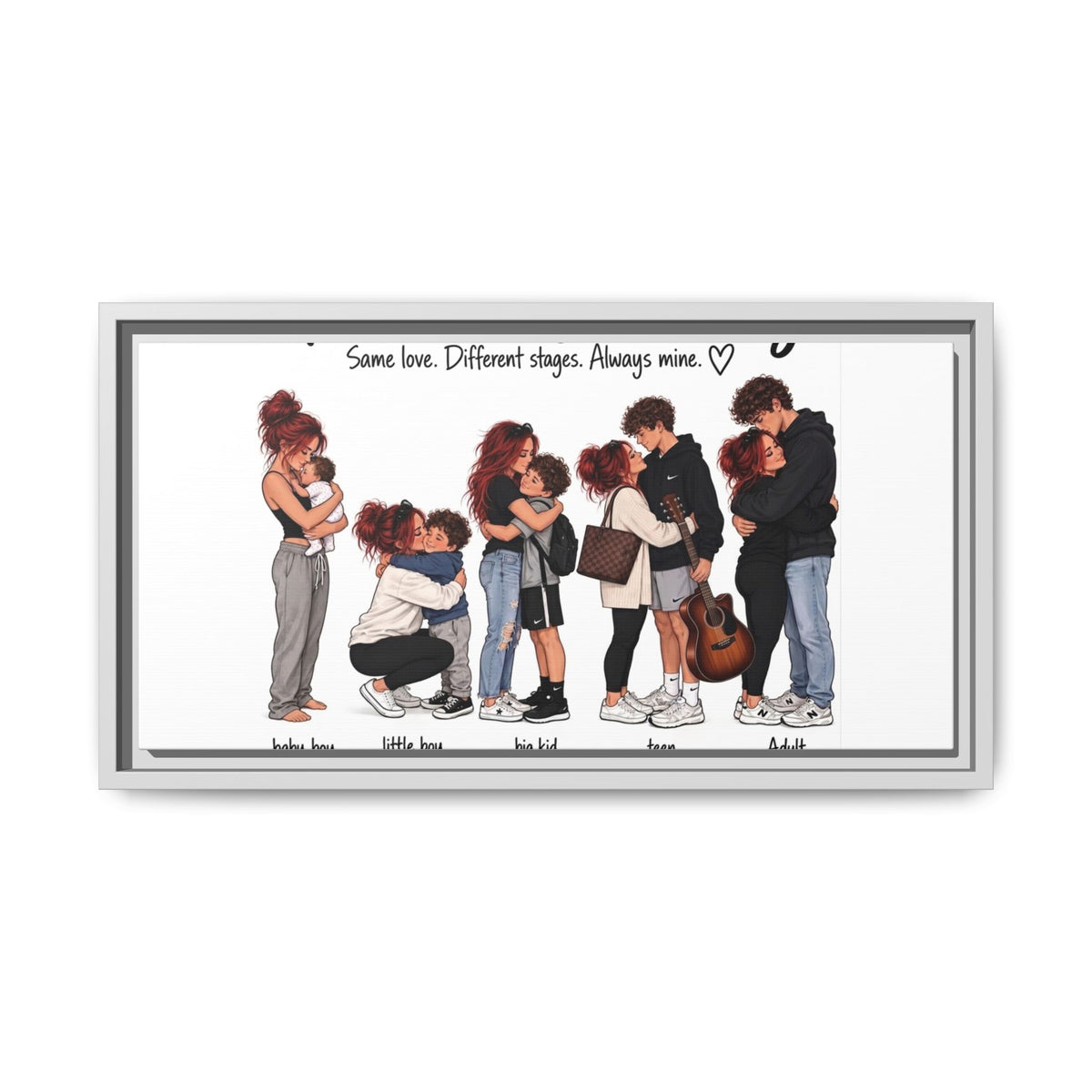 Framed Canvas Wall Art - "The Evolution of a Mom Hug Boy" Family Illustration