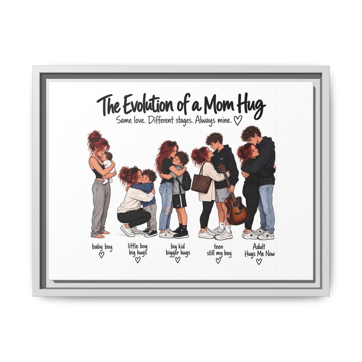 Framed Canvas Wall Art - "The Evolution of a Mom Hug Boy" Family Illustration