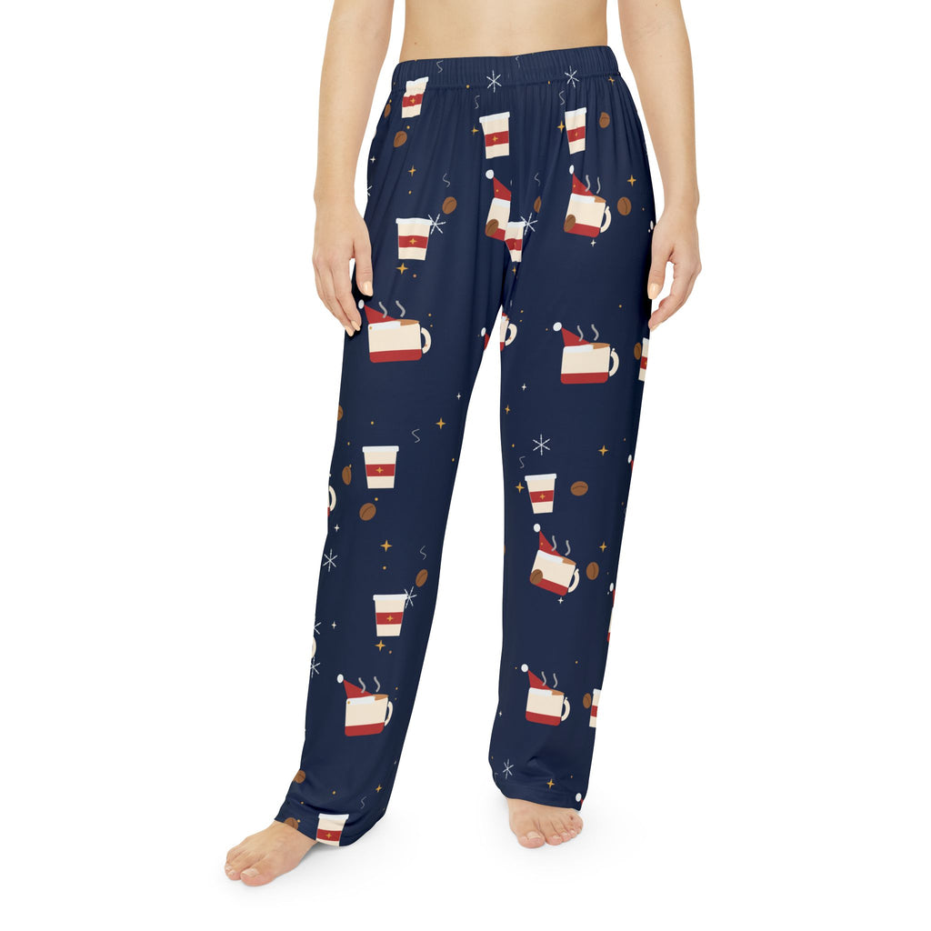 Santa Runs on Coffee Women's Christmas Pajama Pants - Navy — Funny Coffee Lover Lounge Pants, Holiday PJ Bottoms for Her