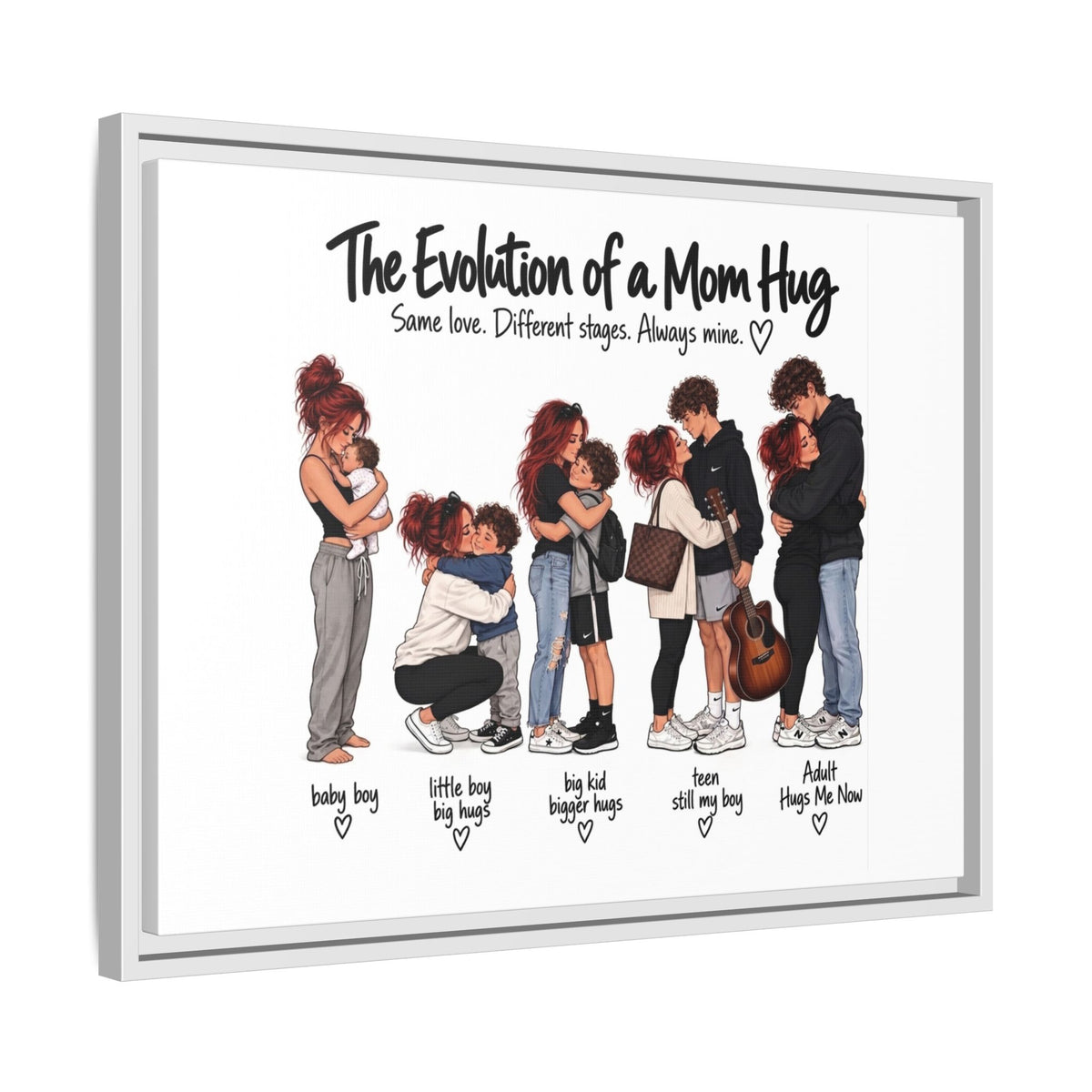 Framed Canvas Wall Art - "The Evolution of a Mom Hug Boy" Family Illustration