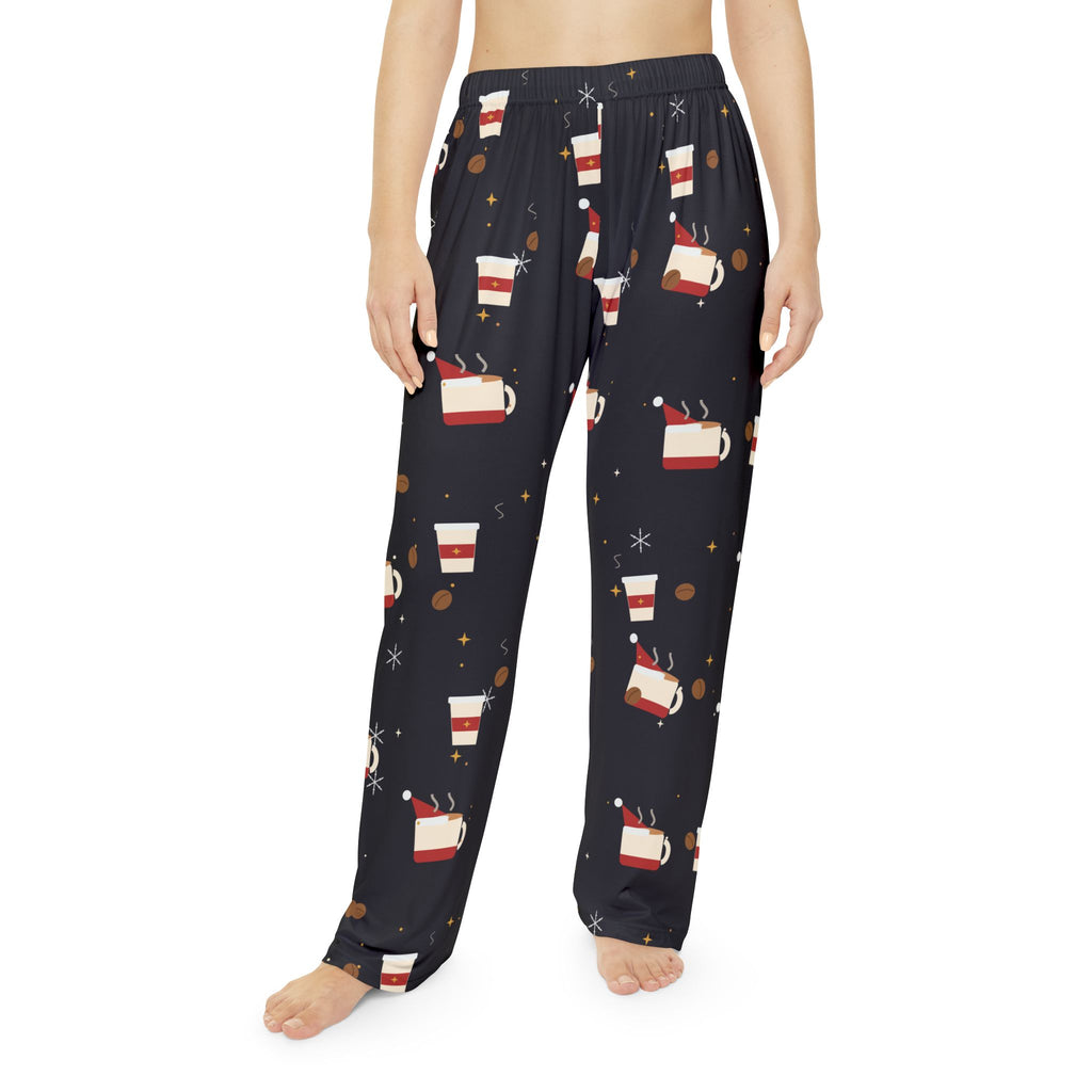Santa Runs on Coffee Women's Christmas Pajama Pants - Charcoal — Funny Coffee Lover Lounge Pants, Holiday PJ Bottoms for Her