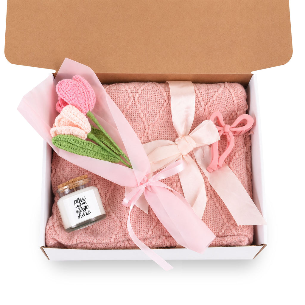 Blush & Bloom Gift Set — Candle, Knit Blanket, Crochet Flower Bouquet & Bow Clip