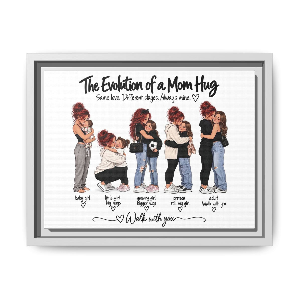 Framed Matte Canvas - "The Evolution of a Mom Hug Girl" Illustration (Mother & Daughter Stages)