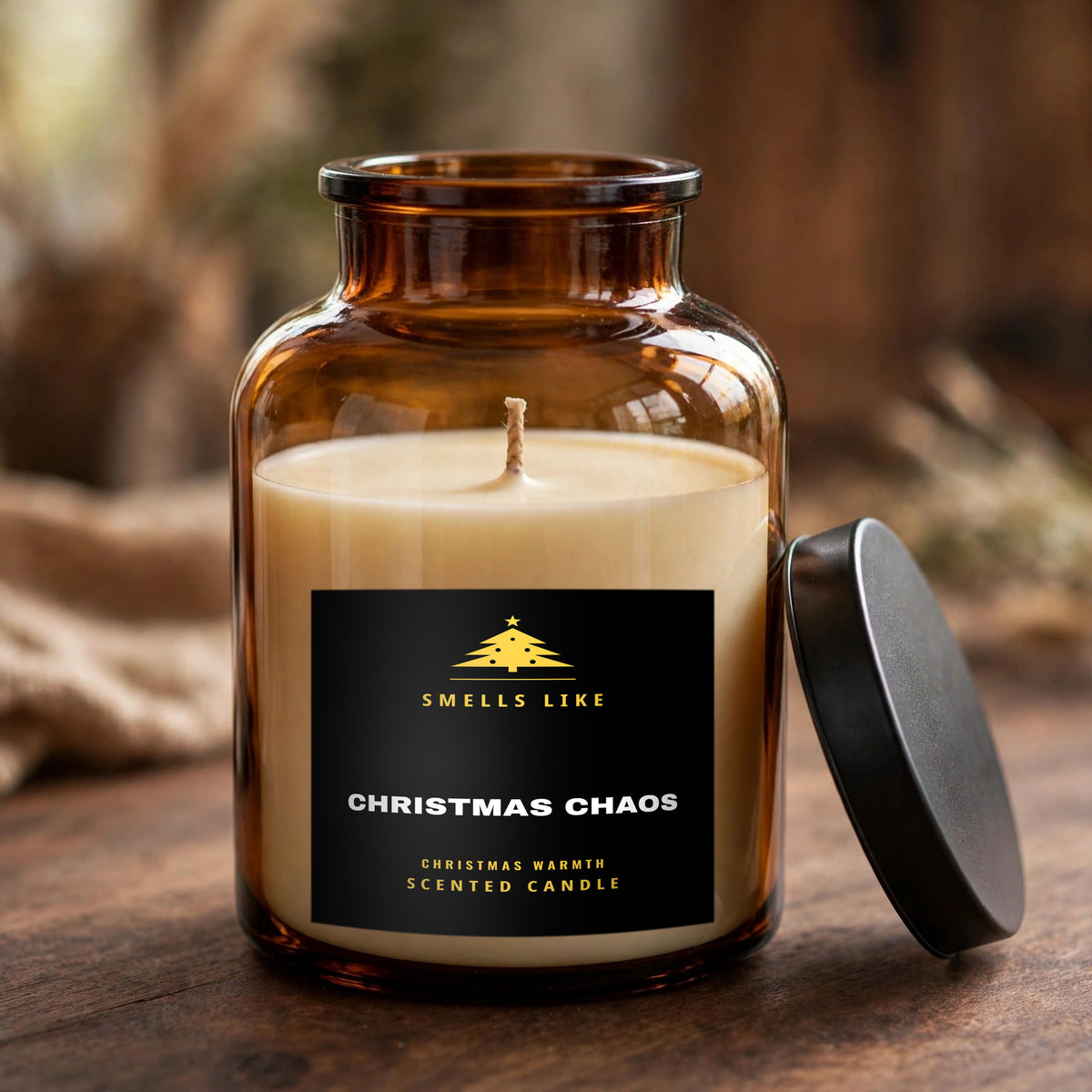 Smells Like Christmas Chaos scented candle in an amber glass jar