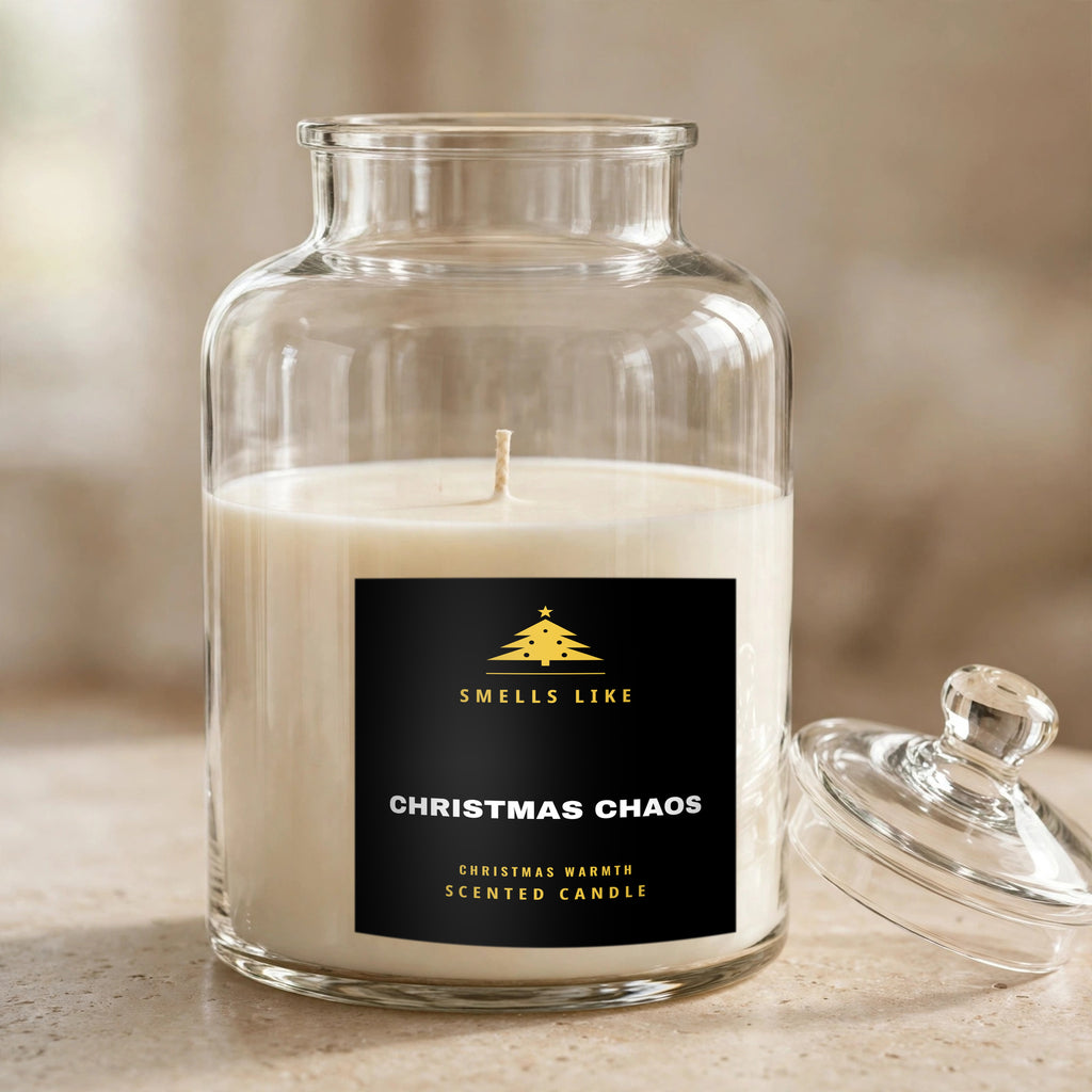 Smells Like Christmas Chaos scented candle in an apothecary jar