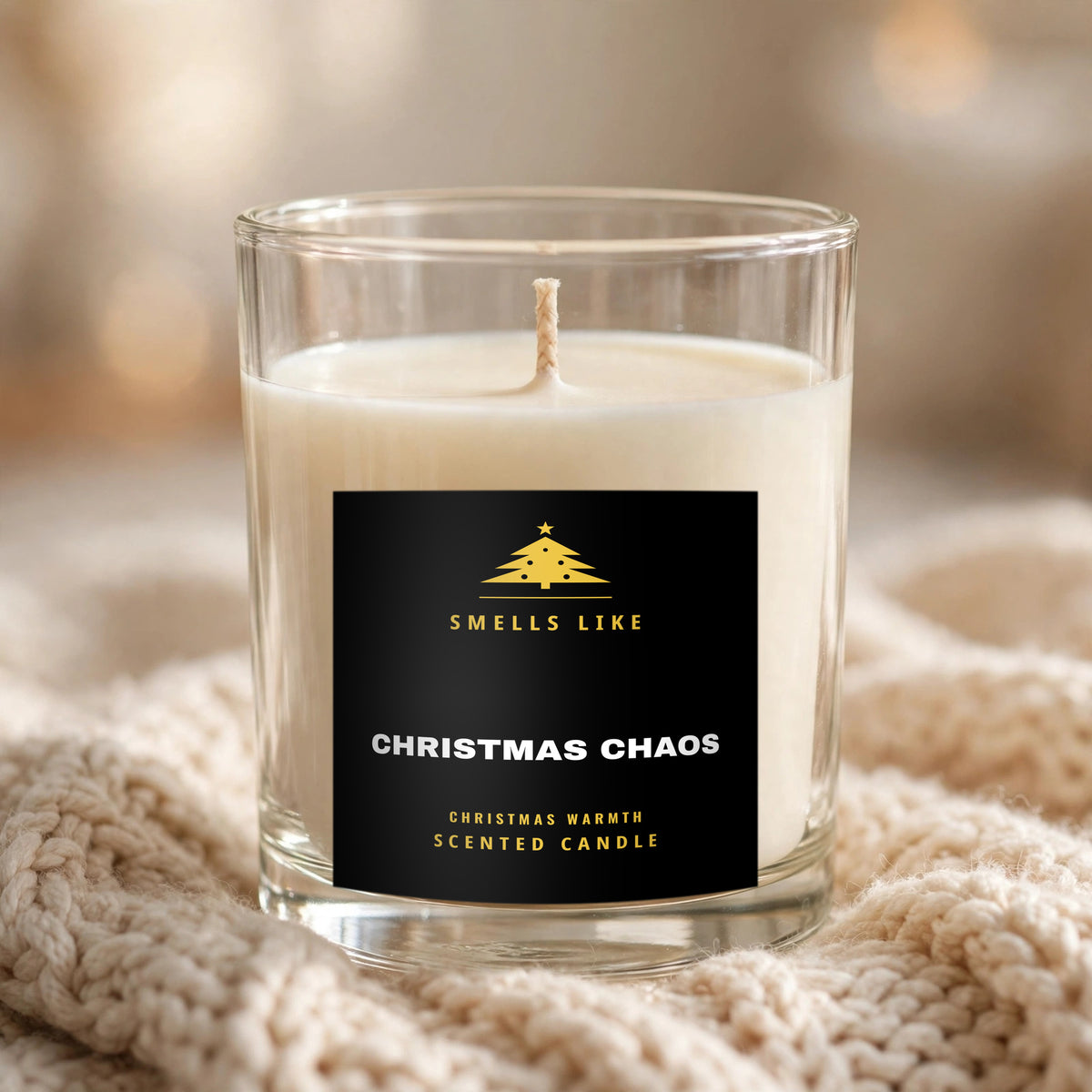 Smells Like Christmas Chaos scented candle in a clear glass jar