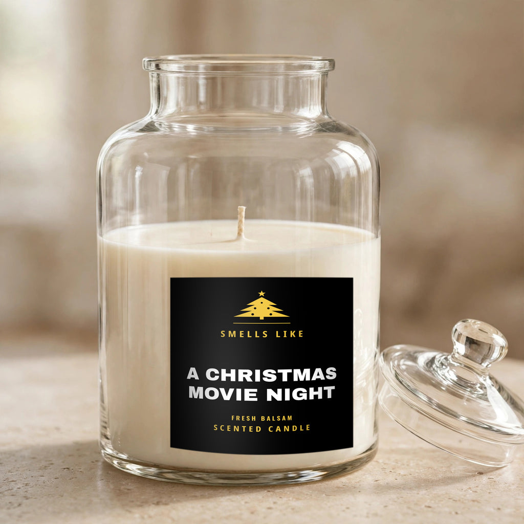 Smells Like a Christmas Movie Night scented candle in an apothecary jar