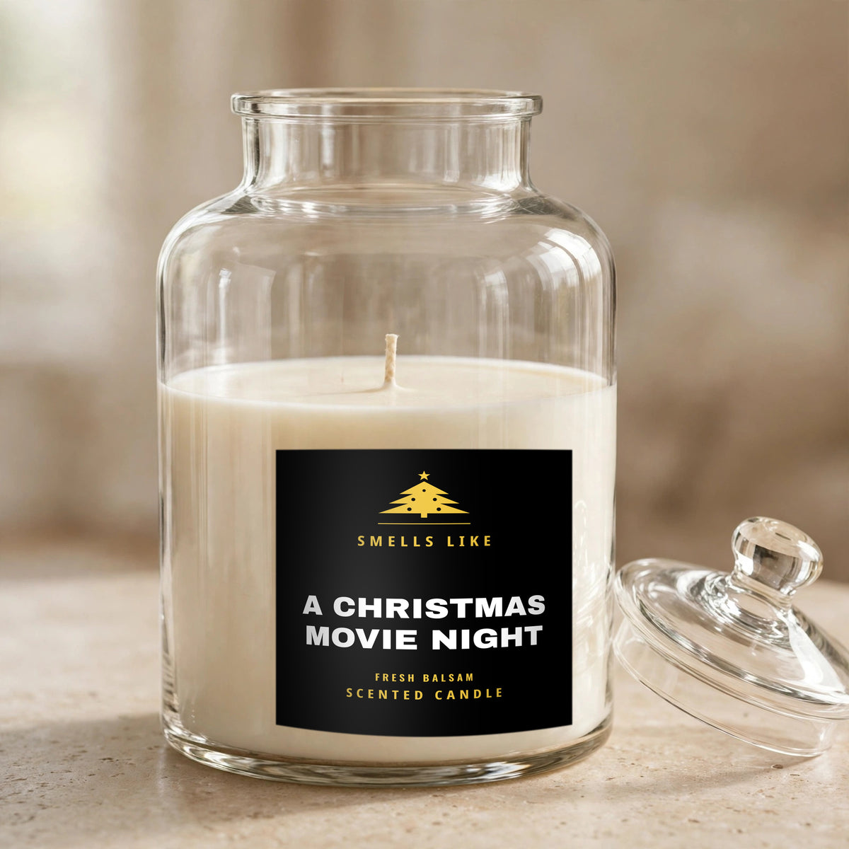 Smells Like a Christmas Movie Night scented candle in an apothecary jar