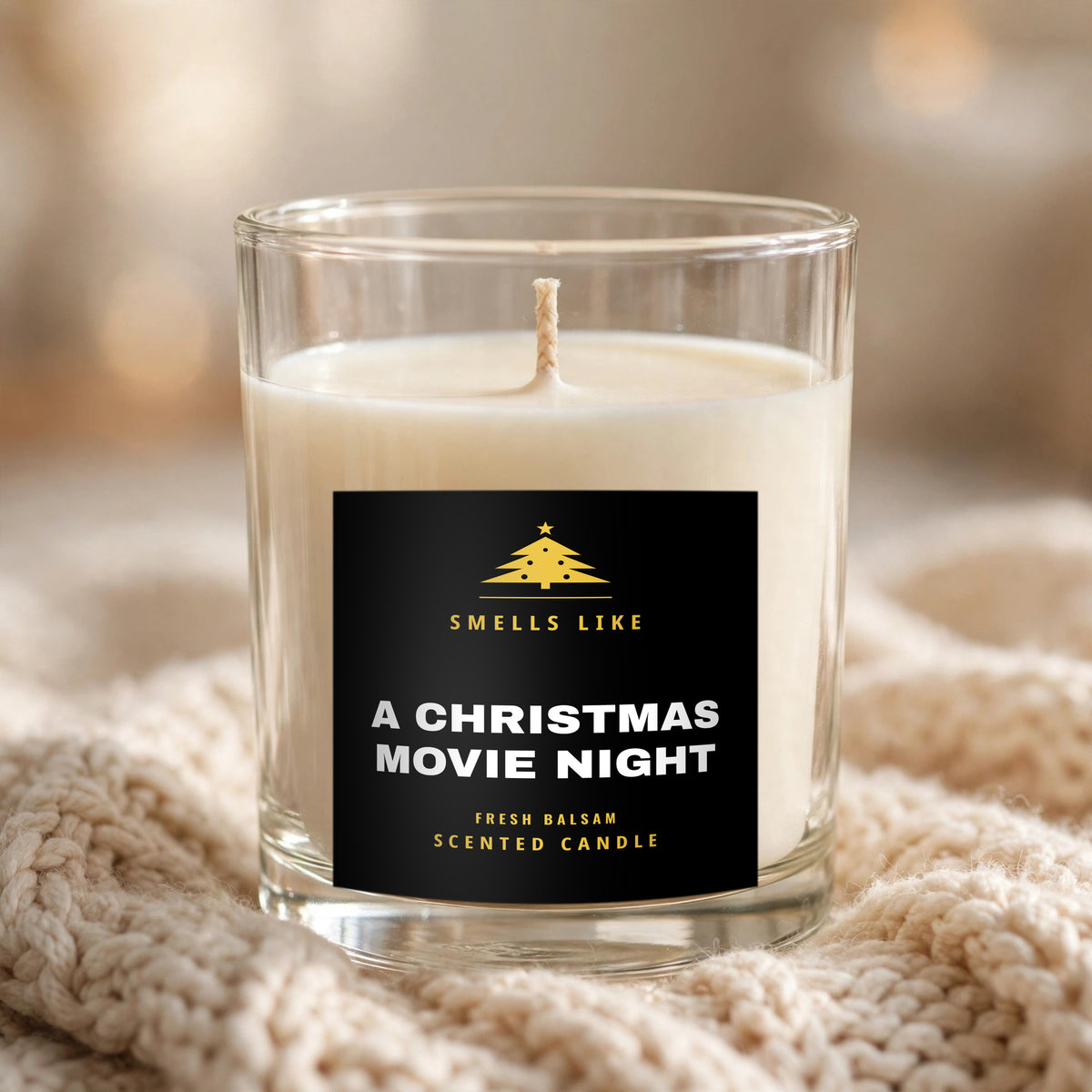 Smells Like a Christmas Movie Night scented candle in a clear glass jar