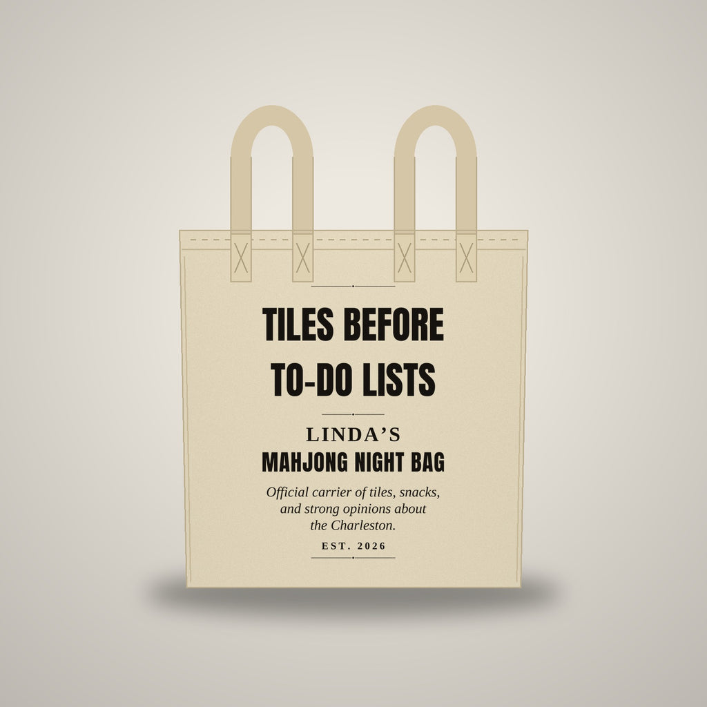 Mahjong Night tote bag mockup — Tiles Before To-Do Lists design on a natural canvas tote